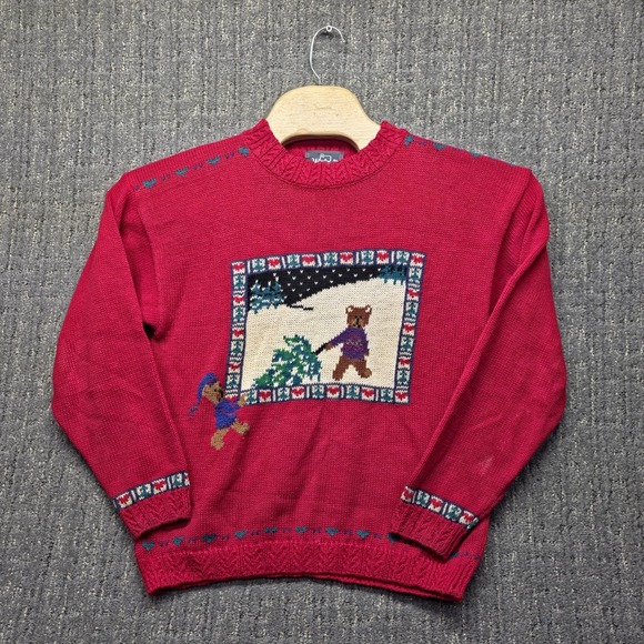 Vintage Woolrich Christmas Sweater Womens S Red Teddy Bear Tree Ramie Cotton 80s - Picture 1 of 13